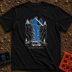 Stream On Mute - T-Shirt in Black - An illustration of a camper van parked at the base of a steep cliff with pine trees,...