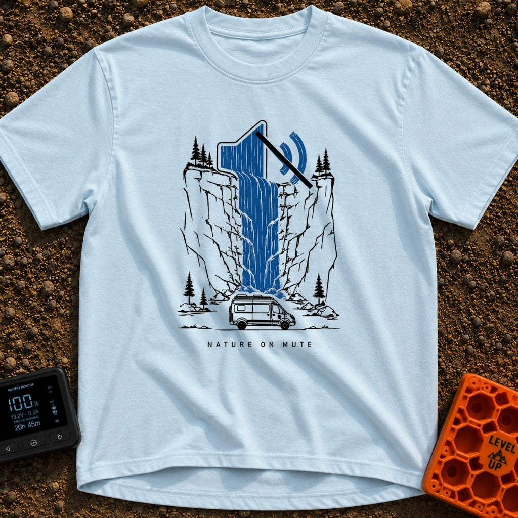Stream On Mute - T-Shirt in Chambray - An illustration of a camper van parked at the base of a steep cliff with pine...