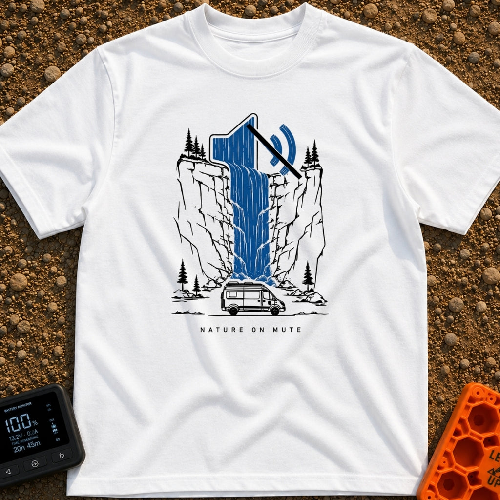 Stream On Mute - T-Shirt in White - An illustration of a camper van parked at the base of a steep cliff with pine trees,...