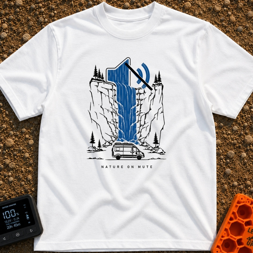 Stream On Mute - T-Shirt in White - An illustration of a camper van parked at the base of a steep cliff with pine trees,...
