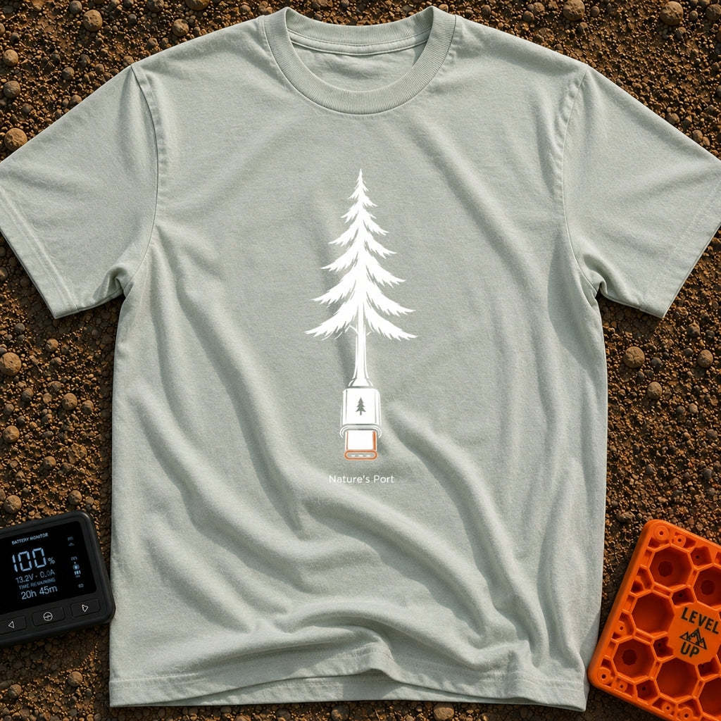 Nature's Port Of Call - T-Shirt in Bay - A black and white line drawing of a pine tree where the lower trunk transforms...
