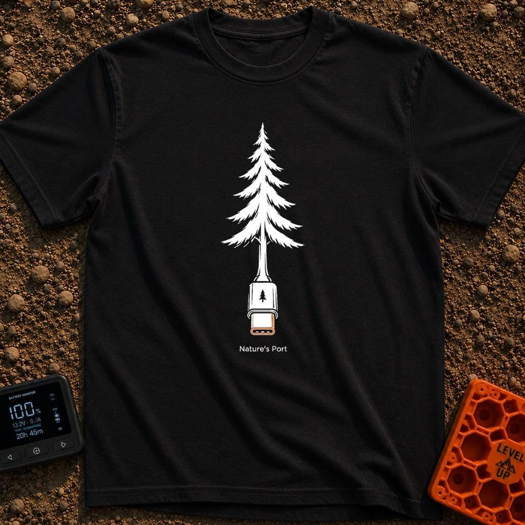 Nature's Port Of Call - T-Shirt in Black - A black and white line drawing of a pine tree where the lower trunk transforms...