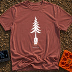 Nature's Port Of Call - T-Shirt in Brick - A black and white line drawing of a pine tree where the lower trunk transforms...