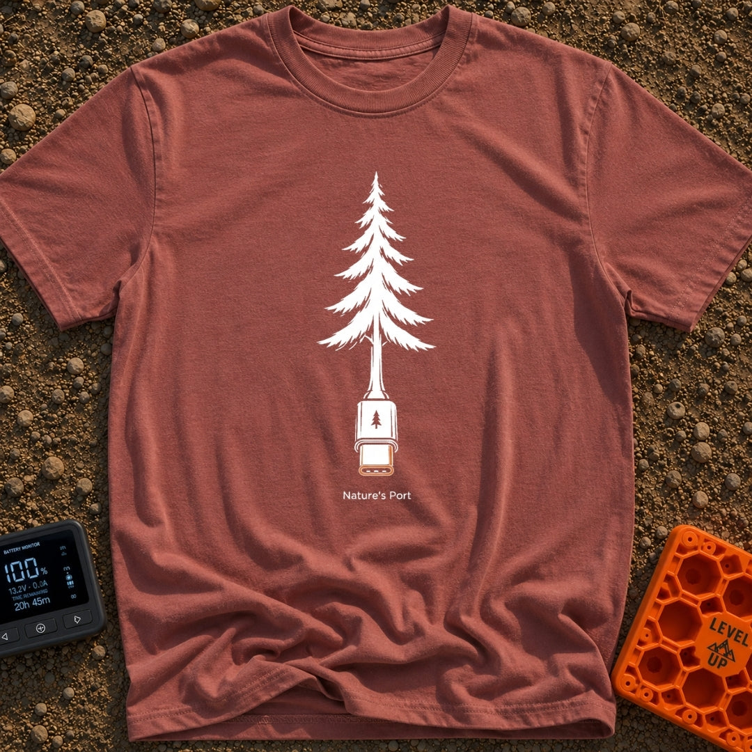 Nature's Port Of Call - T-Shirt in Brick - A black and white line drawing of a pine tree where the lower trunk transforms...