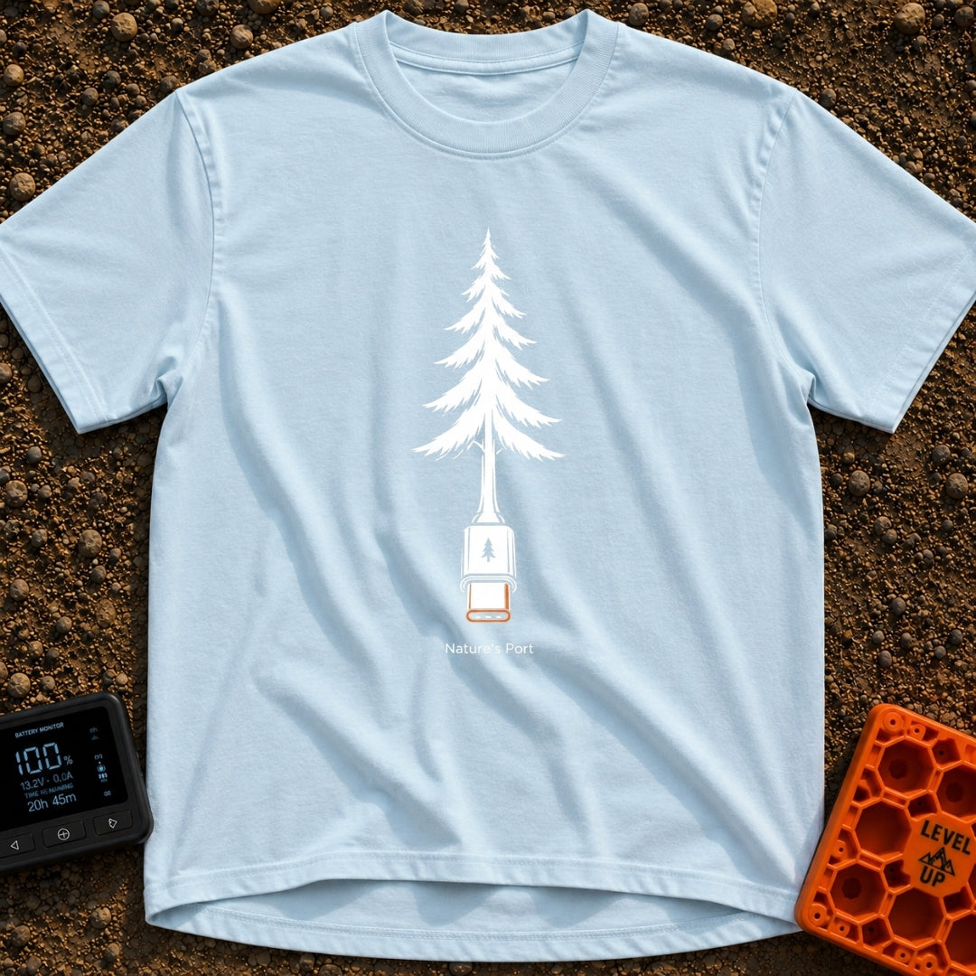 Nature's Port Of Call - T-Shirt in Chambray - A black and white line drawing of a pine tree where the lower trunk...