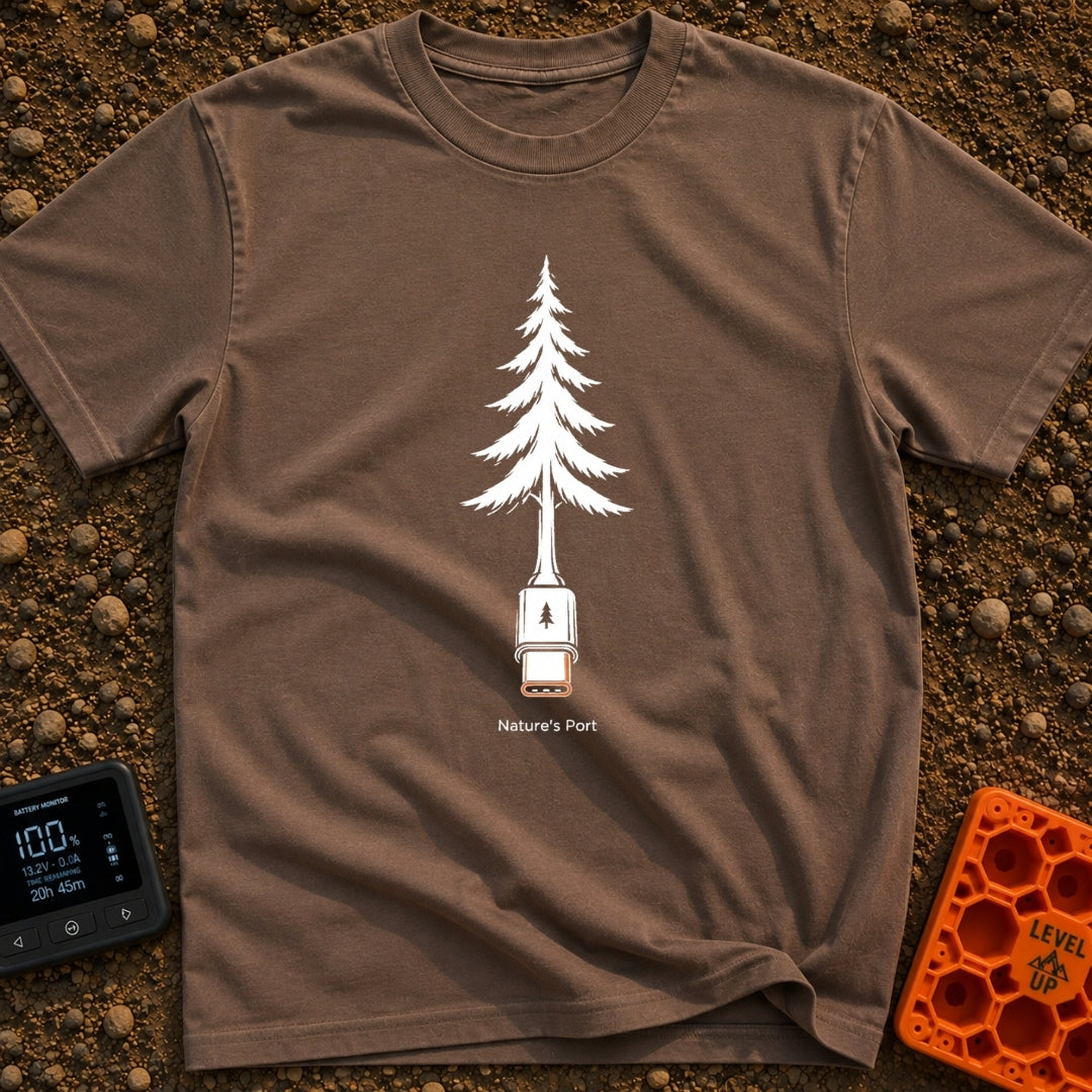 Nature's Port Of Call - T-Shirt in Espresso - A black and white line drawing of a pine tree where the lower trunk...