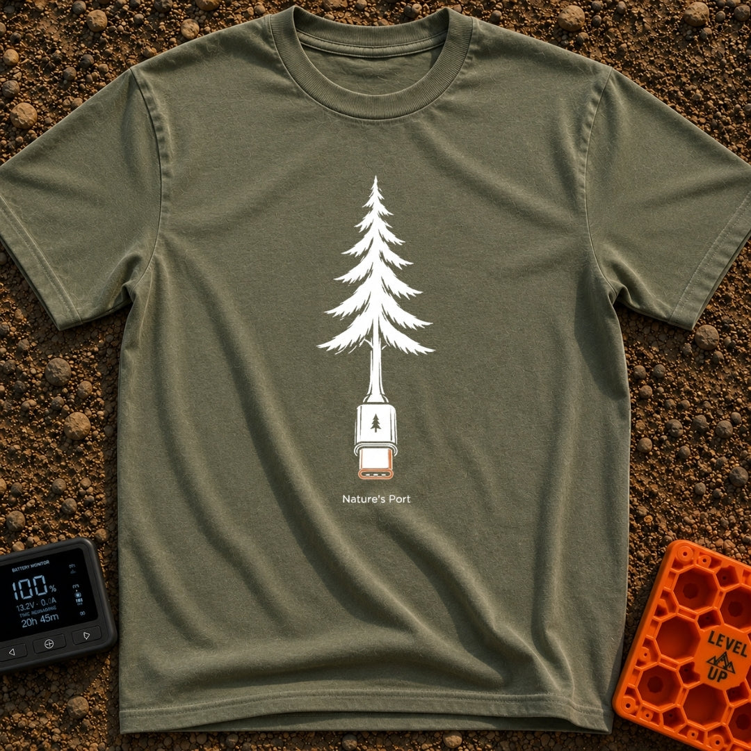 Nature's Port Of Call - T-Shirt in Moss - A black and white line drawing of a pine tree where the lower trunk transforms...
