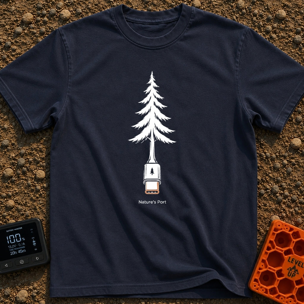 Nature's Port Of Call - T-Shirt in Navy - A black and white line drawing of a pine tree where the lower trunk transforms...