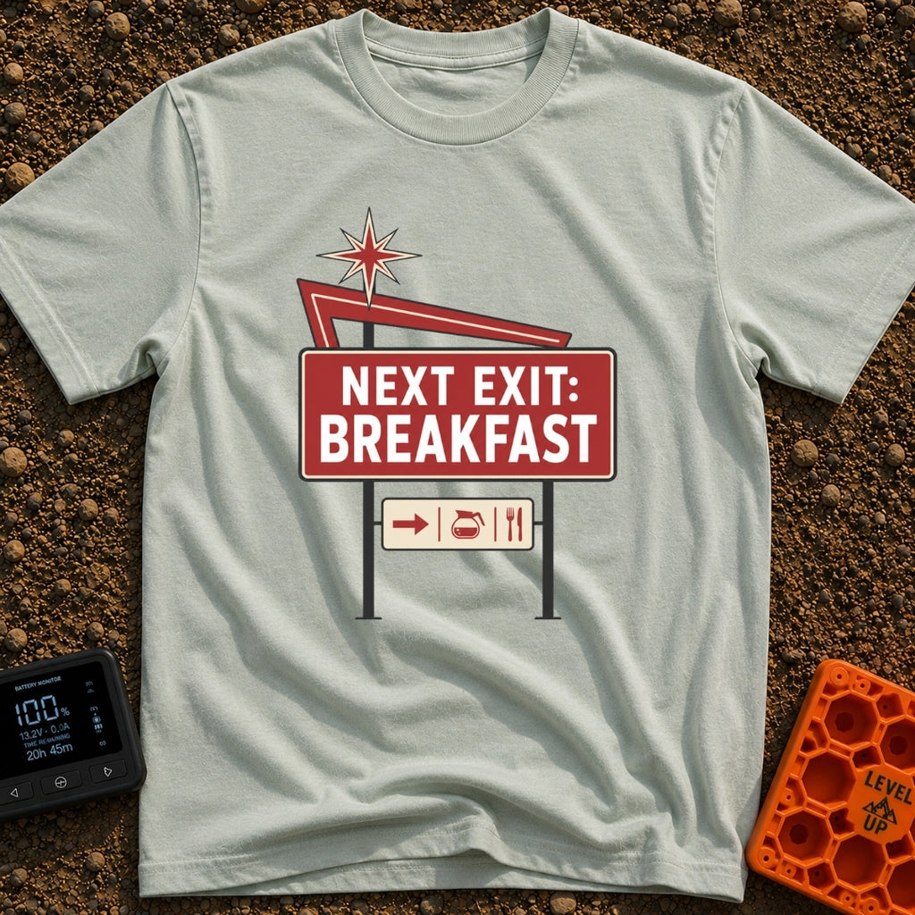 Breakfast Next Exit - T-Shirt in Bay - A vintage-style roadside sign with a red starburst and arrow, featuring a large...