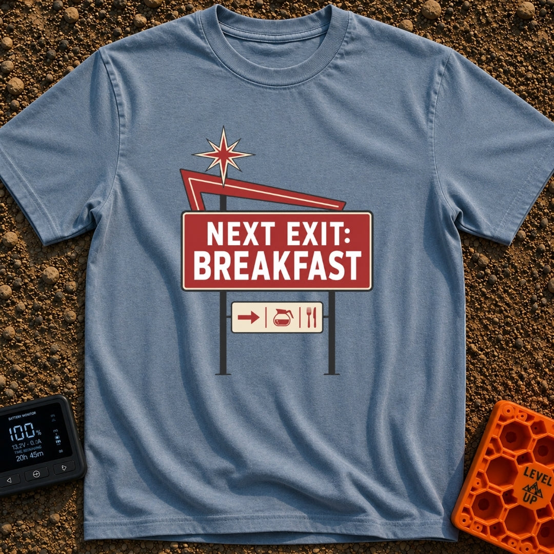 Breakfast Next Exit - T-Shirt in Blue Jean - A vintage-style roadside sign with a red starburst and arrow, featuring a...