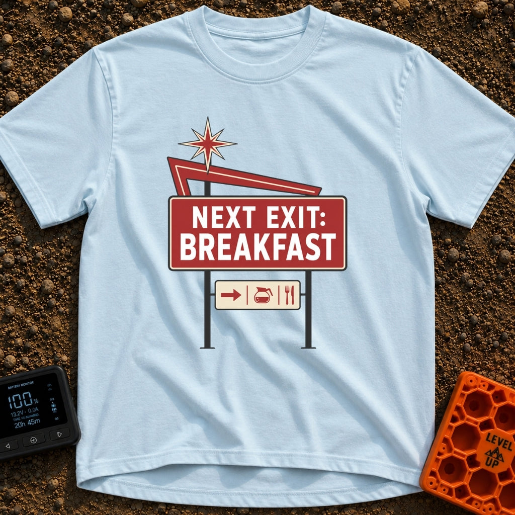 Breakfast Next Exit - T-Shirt in Chambray - A vintage-style roadside sign with a red starburst and arrow, featuring a...