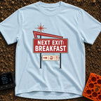 Breakfast Next Exit - T-Shirt in Chambray - A vintage-style roadside sign with a red starburst and arrow, featuring a...