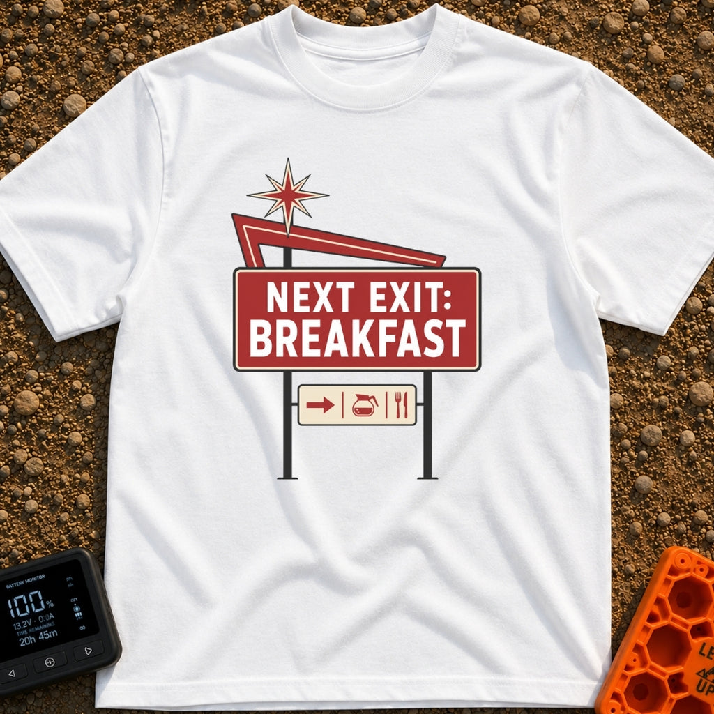 Breakfast Next Exit - T-Shirt in White - A vintage-style roadside sign with a red starburst and arrow, featuring a large...