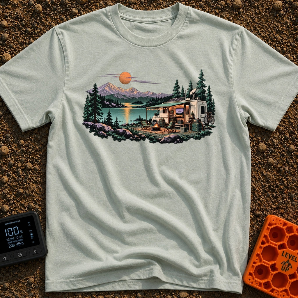 Room With A View - T-Shirt in Bay - A white RV with an open side, solar panels, and a satellite dish is parked by a lake...