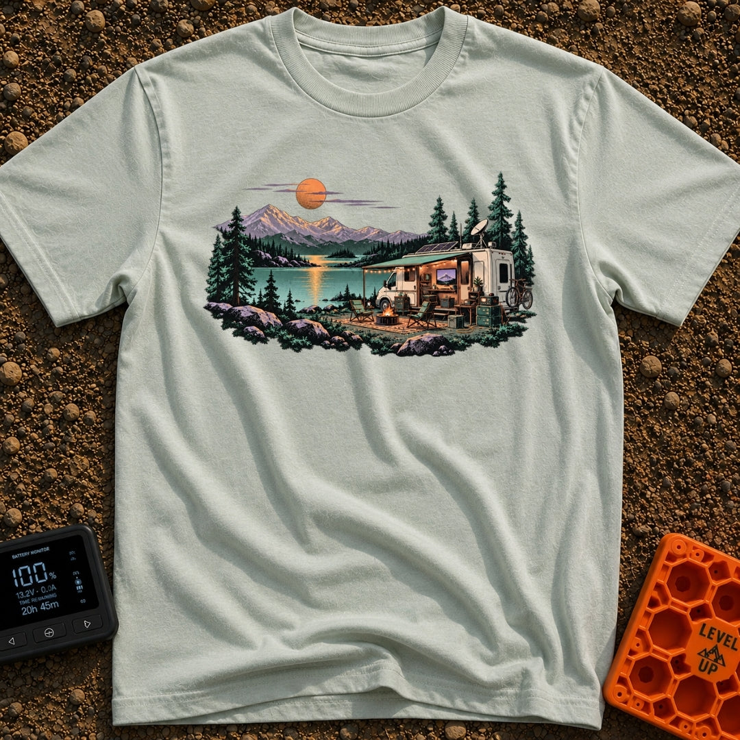 Room With A View - T-Shirt in Bay - A white RV with an open side, solar panels, and a satellite dish is parked by a lake...