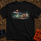 Room With A View - T-Shirt in Black - A white RV with an open side, solar panels, and a satellite dish is parked by a...