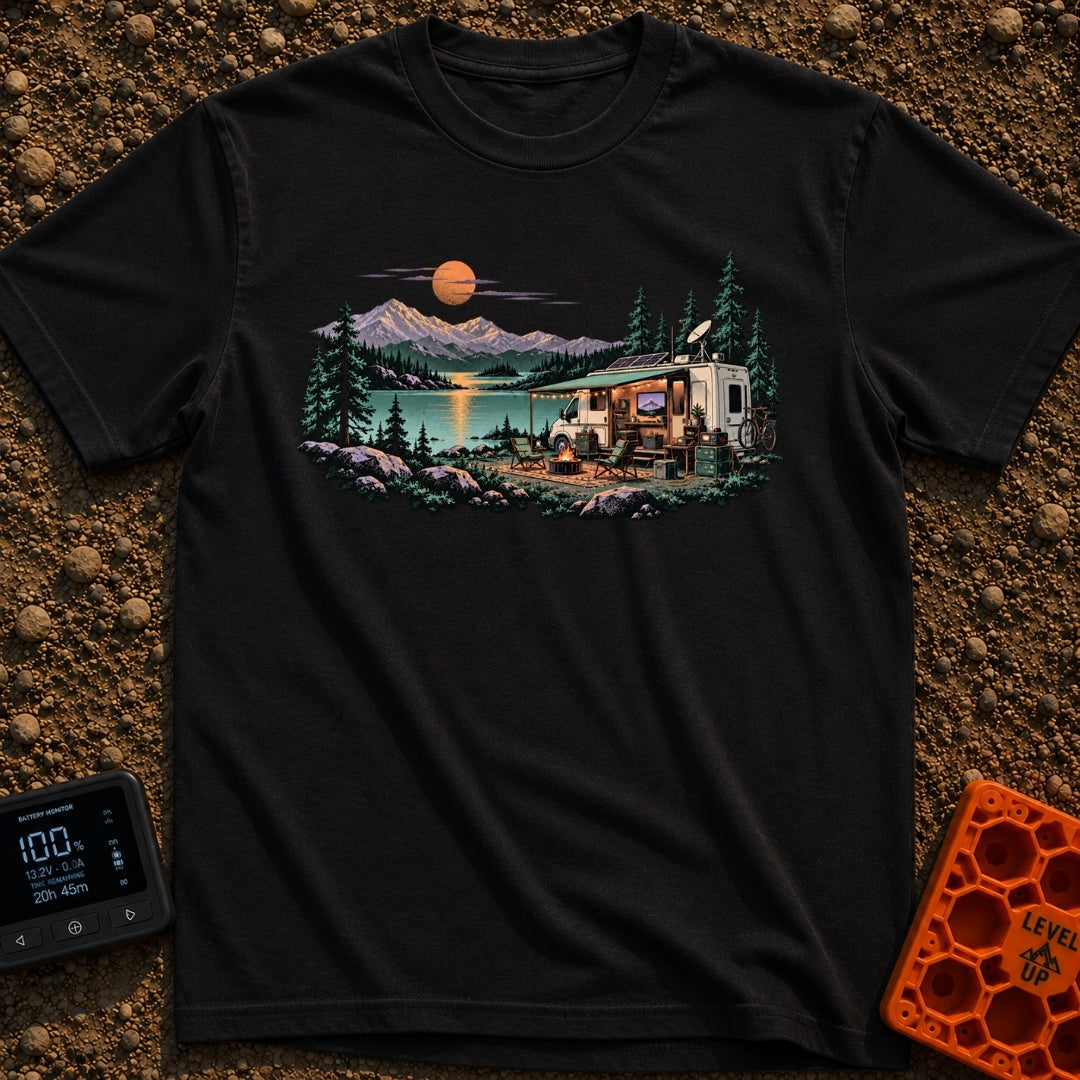 Room With A View - T-Shirt in Black - A white RV with an open side, solar panels, and a satellite dish is parked by a...