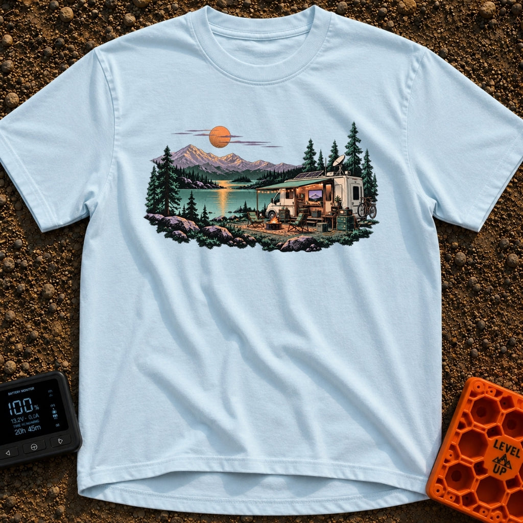 Room With A View - T-Shirt in Chambray - A white RV with an open side, solar panels, and a satellite dish is parked by a...