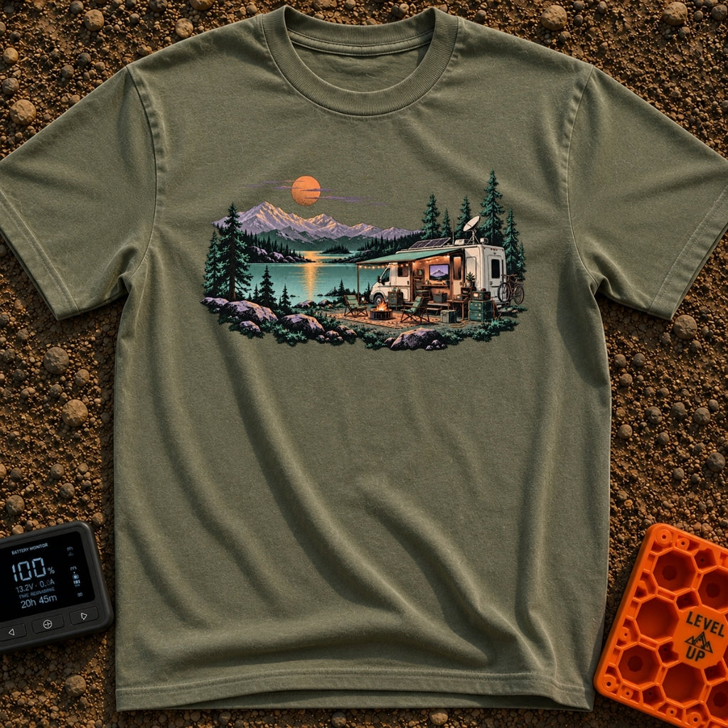 Room With A View - T-Shirt in Moss - A white RV with an open side, solar panels, and a satellite dish is parked by a lake...