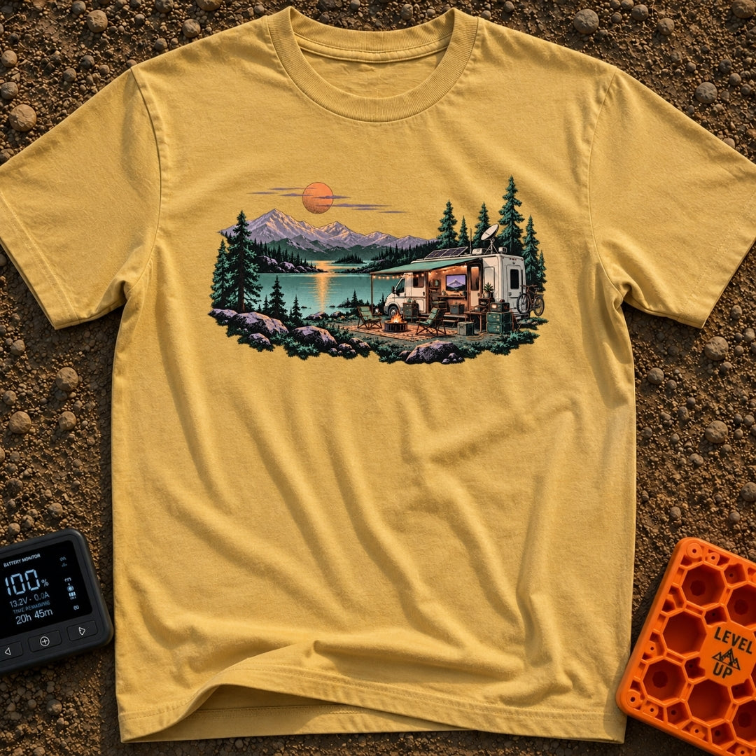 Room With A View - T-Shirt in Mustard - A white RV with an open side, solar panels, and a satellite dish is parked by a...