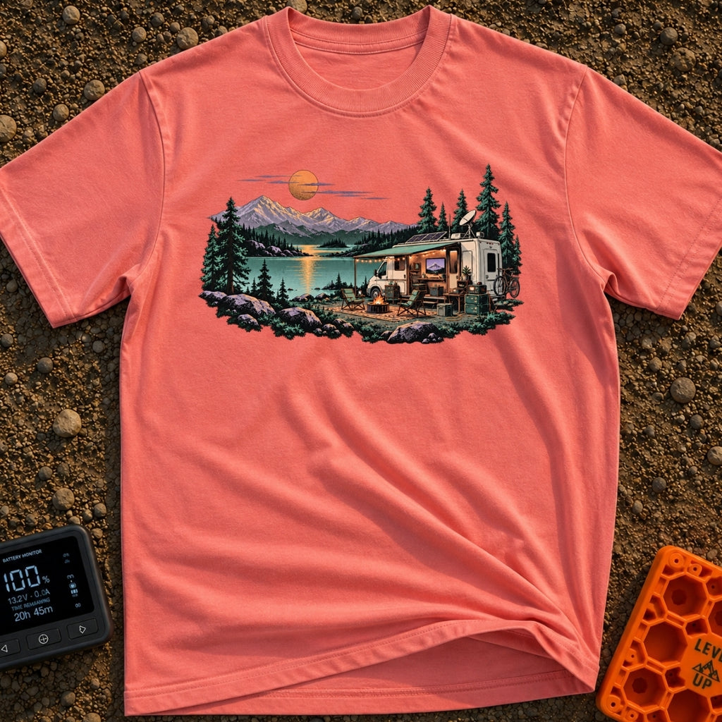Room With A View - T-Shirt in Watermelon - A white RV with an open side, solar panels, and a satellite dish is parked by...
