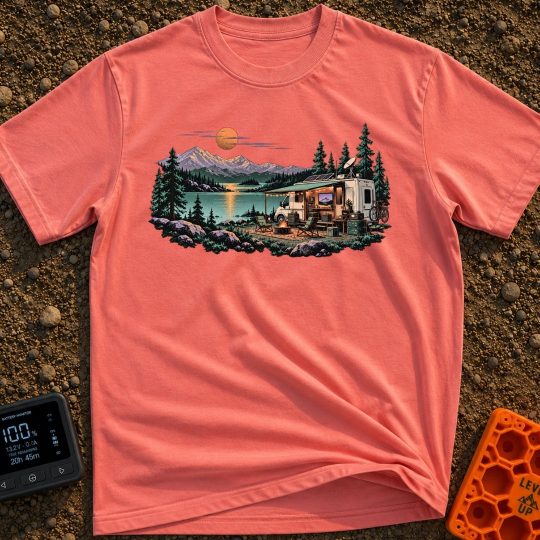 Room With A View - T-Shirt in Watermelon - A white RV with an open side, solar panels, and a satellite dish is parked by...
