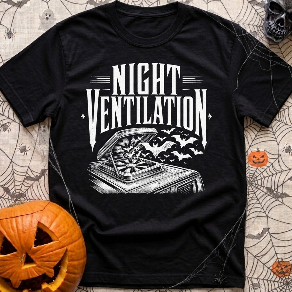 Crack A Window - T-Shirt in Black - A white, distressed-style line drawing of an open campervan roof vent fan with a...