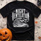 Crack A Window - T-Shirt in Black - A white, distressed-style line drawing of an open campervan roof vent fan with a...