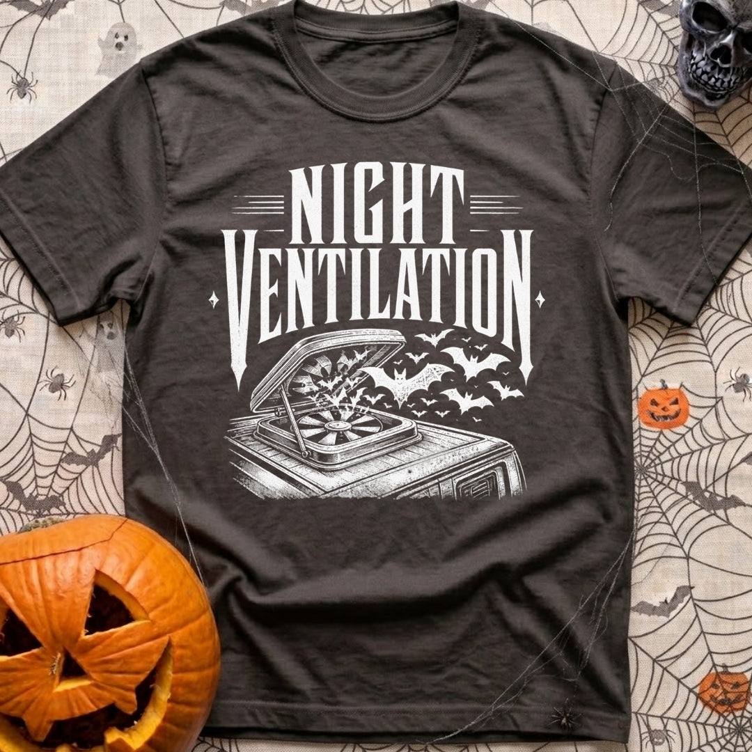 Crack A Window - T-Shirt in Graphite - A white, distressed-style line drawing of an open campervan roof vent fan with a...