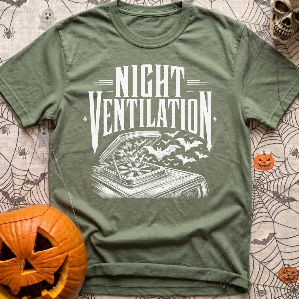 Crack A Window - T-Shirt in Moss - A white, distressed-style line drawing of an open campervan roof vent fan with a swarm...