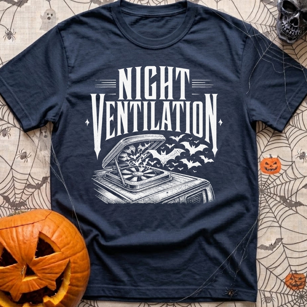 Crack A Window - T-Shirt in Navy - A white, distressed-style line drawing of an open campervan roof vent fan with a swarm...