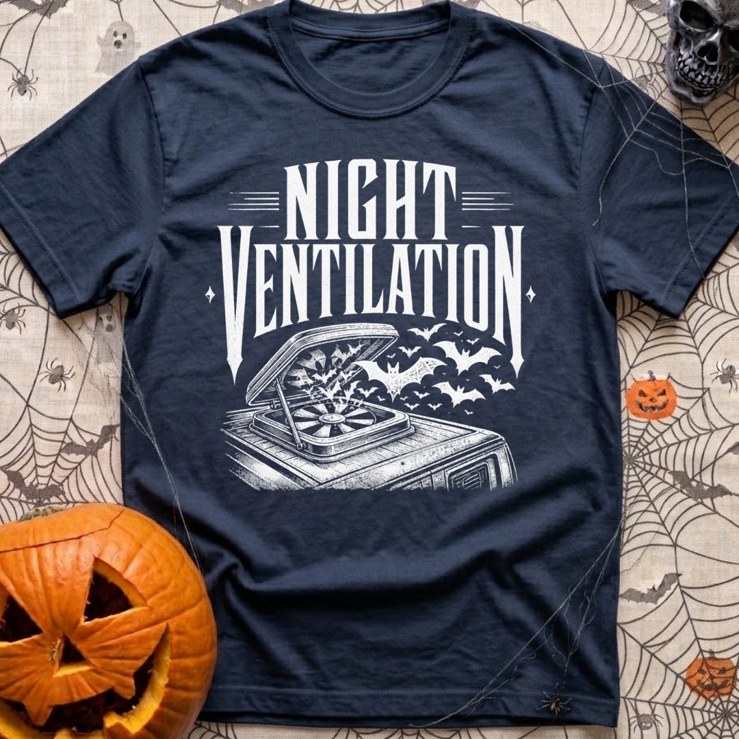 Crack A Window - T-Shirt in Navy - A white, distressed-style line drawing of an open campervan roof vent fan with a swarm...