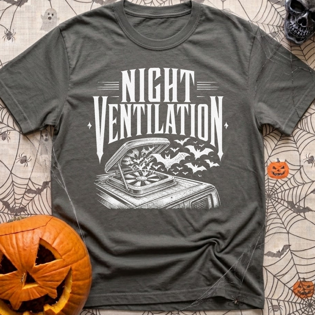 Crack A Window - T-Shirt in Pepper - A white, distressed-style line drawing of an open campervan roof vent fan with a...