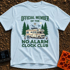 No Alarm Clock Club - T-Shirt in Chambray - A Class C motorhome parked in front of pine trees and mountains with solar...