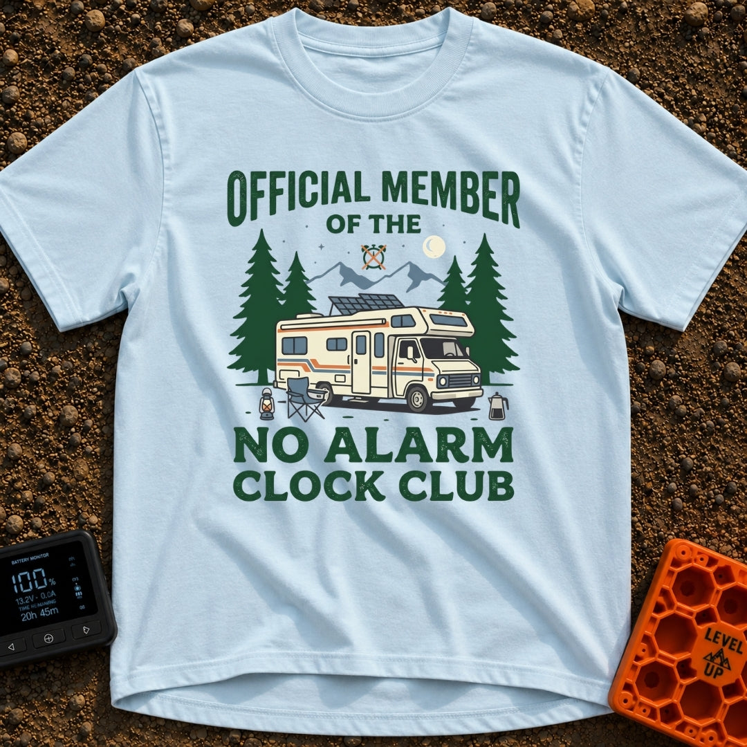 No Alarm Clock Club - T-Shirt in Chambray - A Class C motorhome parked in front of pine trees and mountains with solar...