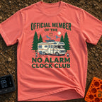 No Alarm Clock Club - T-Shirt in Watermelon - A Class C motorhome parked in front of pine trees and mountains with solar...