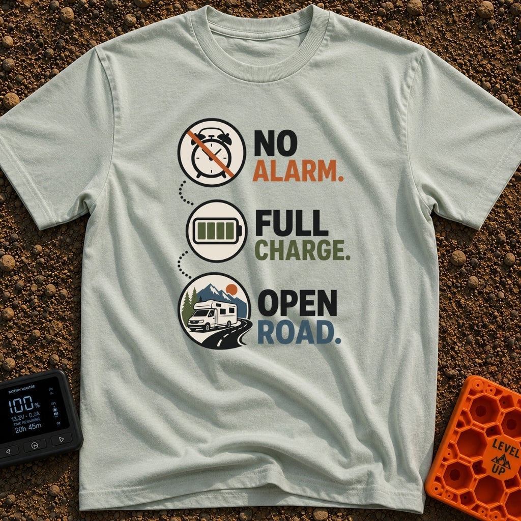 Energized Road Life - T-Shirt in Bay - Three circular icons connected by a dotted line, showing a crossed-out alarm...