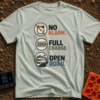 Energized Road Life - T-Shirt in Bay - Three circular icons connected by a dotted line, showing a crossed-out alarm...