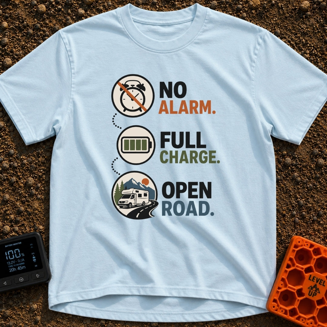 Energized Road Life - T-Shirt in Chambray - Three circular icons connected by a dotted line, showing a crossed-out alarm...