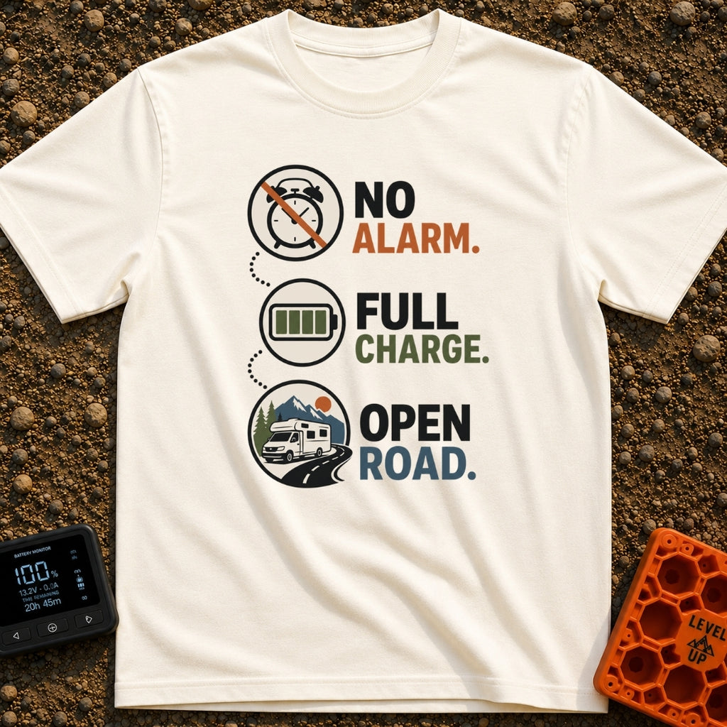 Energized Road Life - T-Shirt in Ivory - Three circular icons connected by a dotted line, showing a crossed-out alarm...