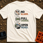 Energized Road Life - T-Shirt in Ivory - Three circular icons connected by a dotted line, showing a crossed-out alarm...