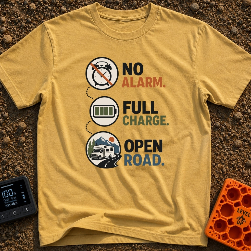 Energized Road Life - T-Shirt in Mustard - Three circular icons connected by a dotted line, showing a crossed-out alarm...