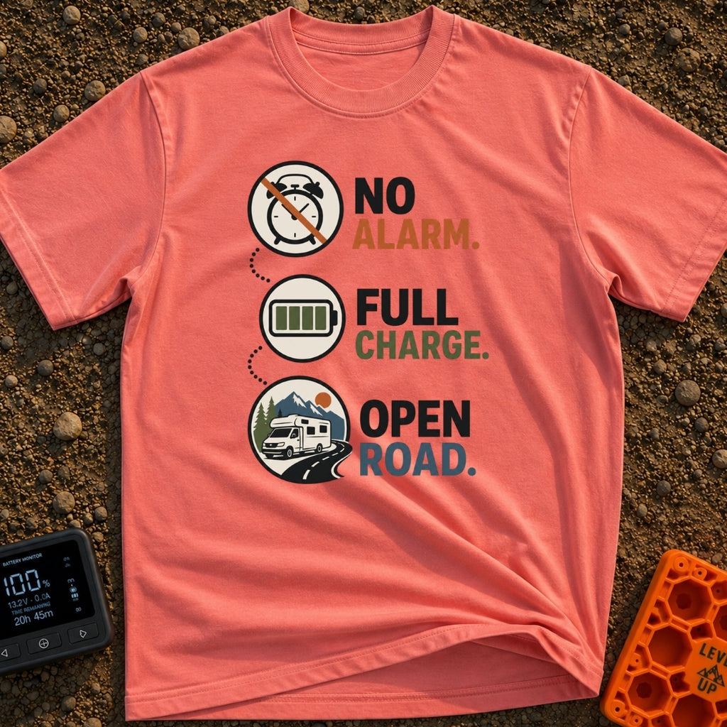 Energized Road Life - T-Shirt in Watermelon - Three circular icons connected by a dotted line, showing a crossed-out...