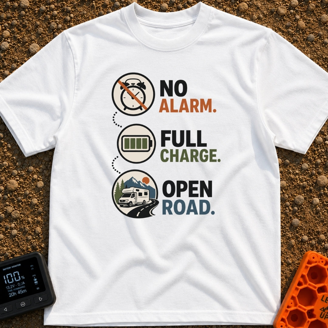 Energized Road Life - T-Shirt in White - Three circular icons connected by a dotted line, showing a crossed-out alarm...