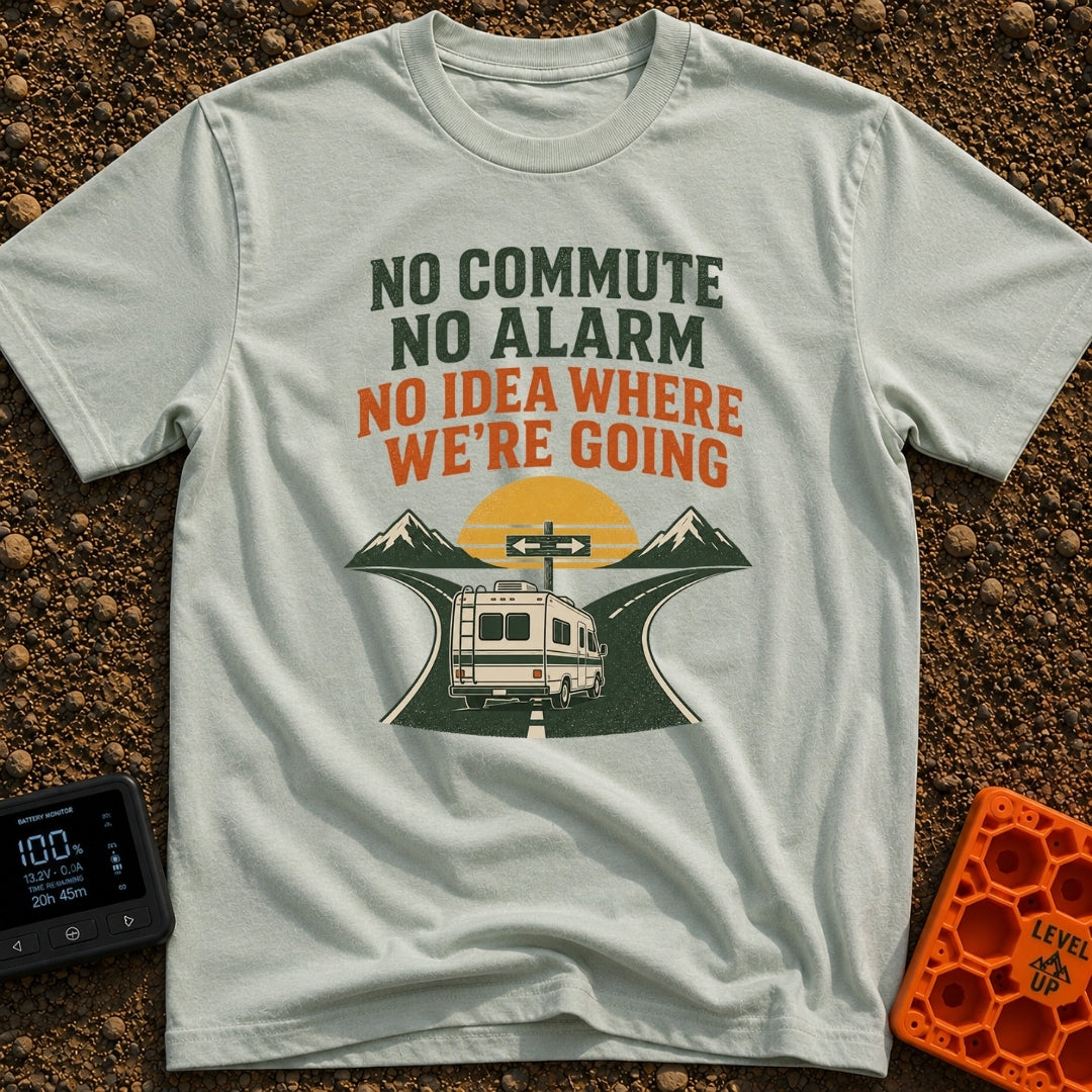 Wake Up Alarm Free - T-Shirt in Bay - An illustration of a classic motorhome driving toward a fork in a paved road with a...