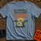 Wake Up Alarm Free - T-Shirt in Blue Jean - An illustration of a classic motorhome driving toward a fork in a paved road...