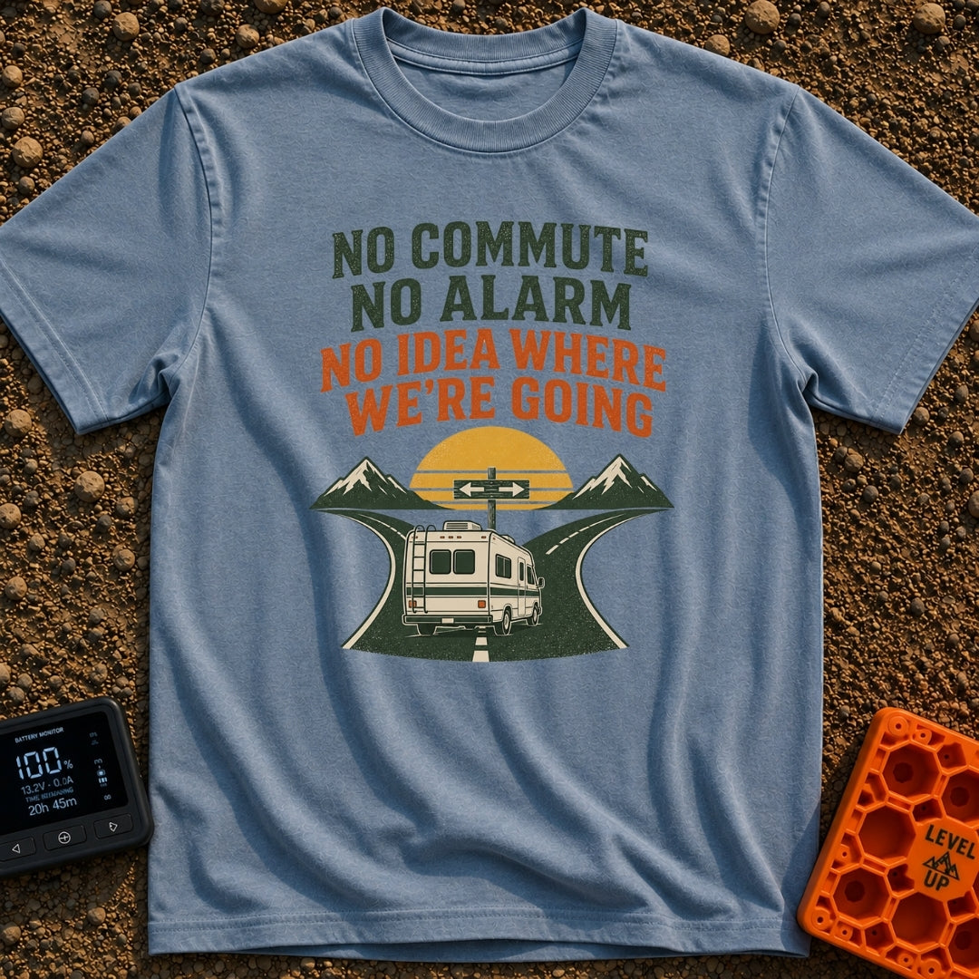 Wake Up Alarm Free - T-Shirt in Blue Jean - An illustration of a classic motorhome driving toward a fork in a paved road...
