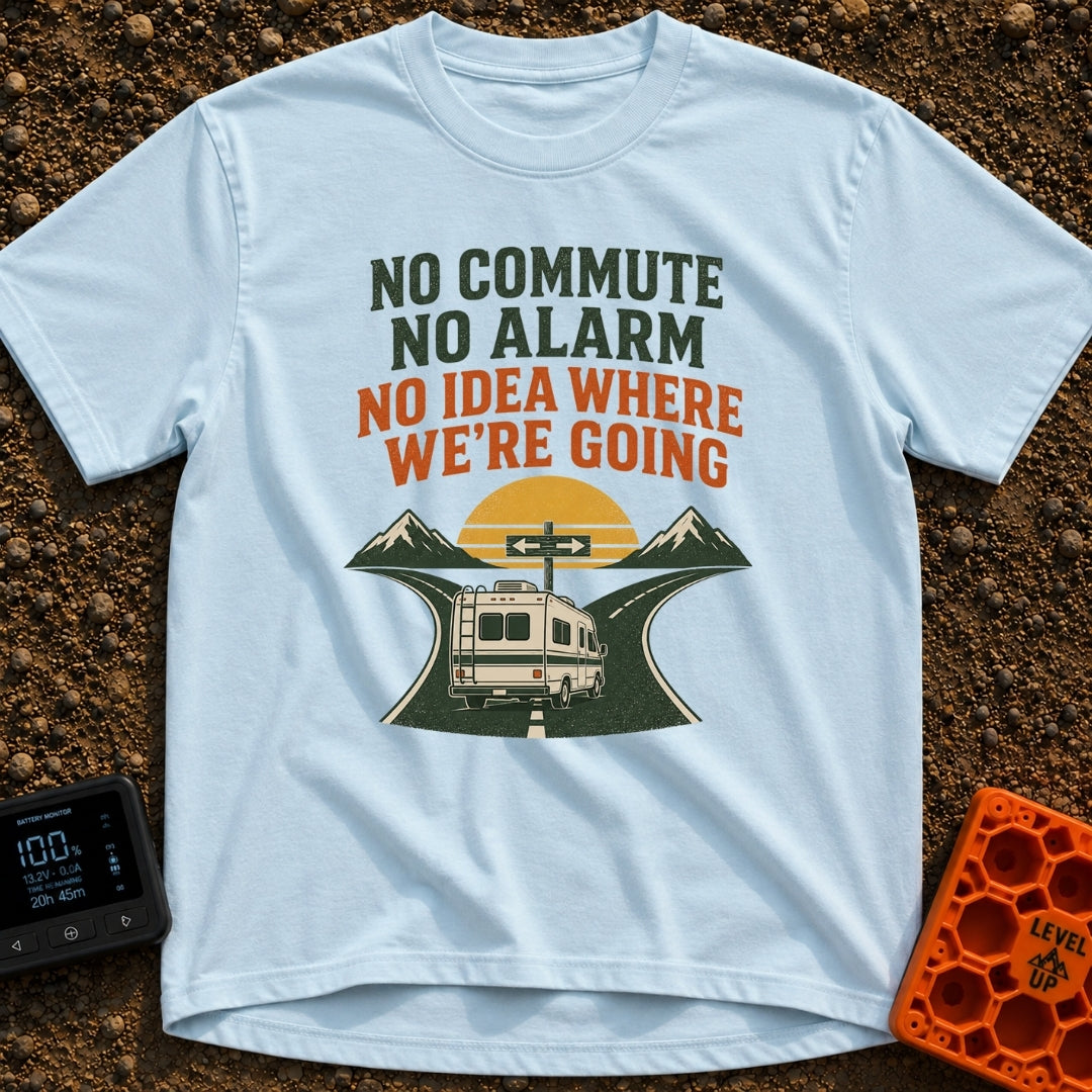 Wake Up Alarm Free - T-Shirt in Chambray - An illustration of a classic motorhome driving toward a fork in a paved road...
