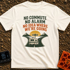 Wake Up Alarm Free - T-Shirt in Ivory - An illustration of a classic motorhome driving toward a fork in a paved road with...