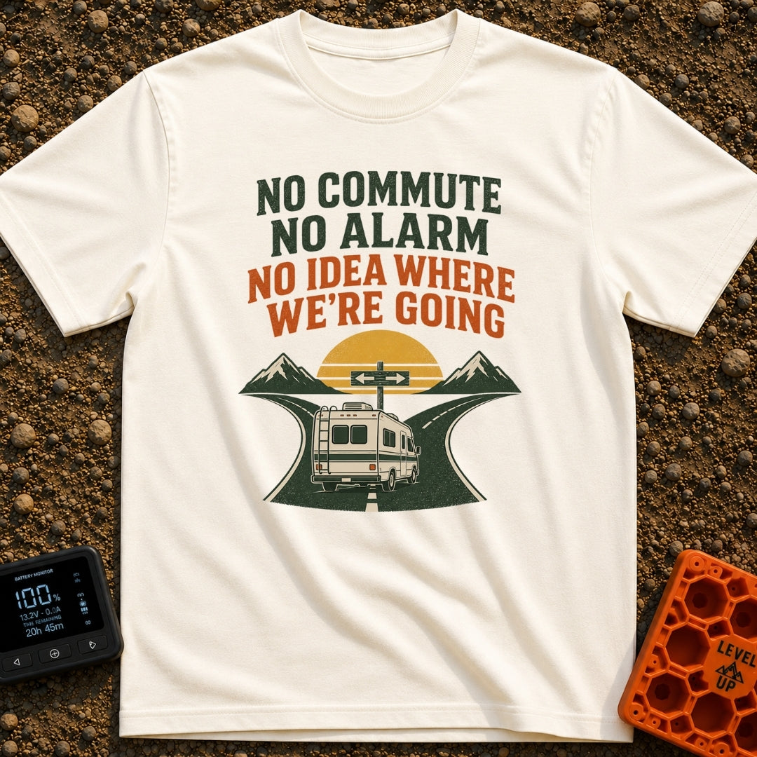 Wake Up Alarm Free - T-Shirt in Ivory - An illustration of a classic motorhome driving toward a fork in a paved road with...